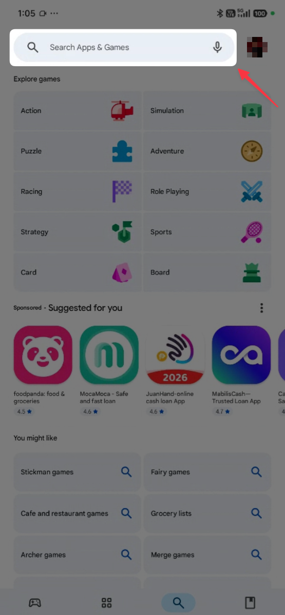 Step 1: App store search field