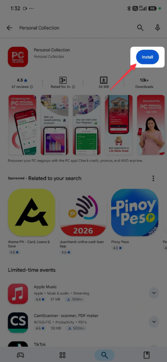 Step 4: Install button for the Personal Collection app