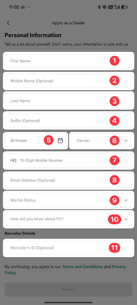 Application form personal information screen